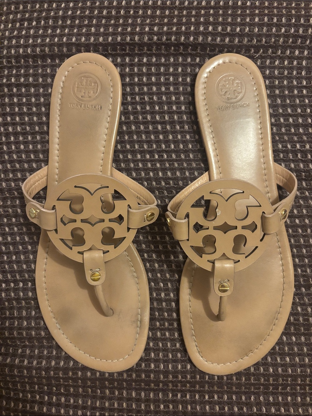 Tory Burch Camel Tan Miller Logo Thong Sandals